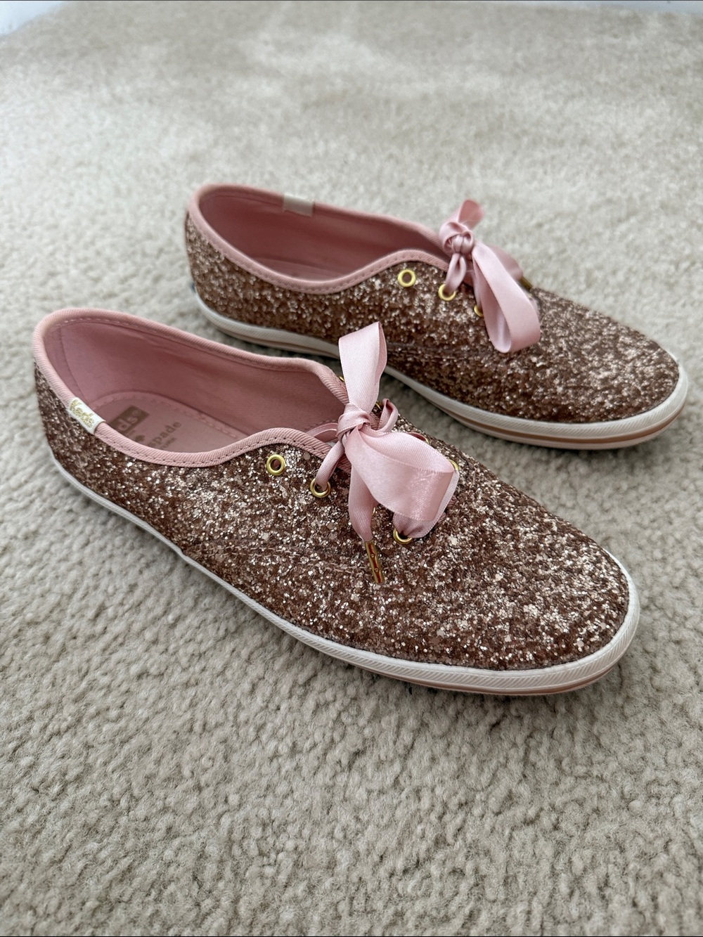 Glitter Satin Lace-Up Women's Sneaker - Rose Gold Pink - Picture 3 of 8